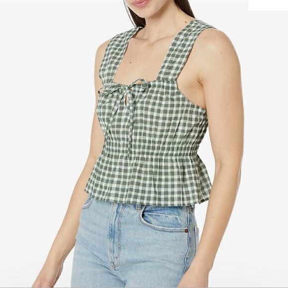 NWT Madewell Gingham Check Smocked Green White Peplum Cropped Keyhole Prairie - Picture 5 of 5